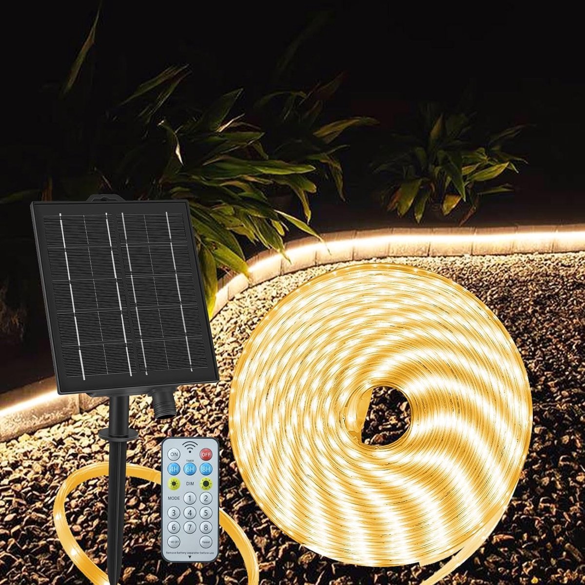 SnelShoppen - 10m Solar LED Strip Tuinverlichting Waterproof 200 Dimmable LED Warm Wit met Timer en Afstandsbediening voor Buiten, Tuin, Pool, Feest,
