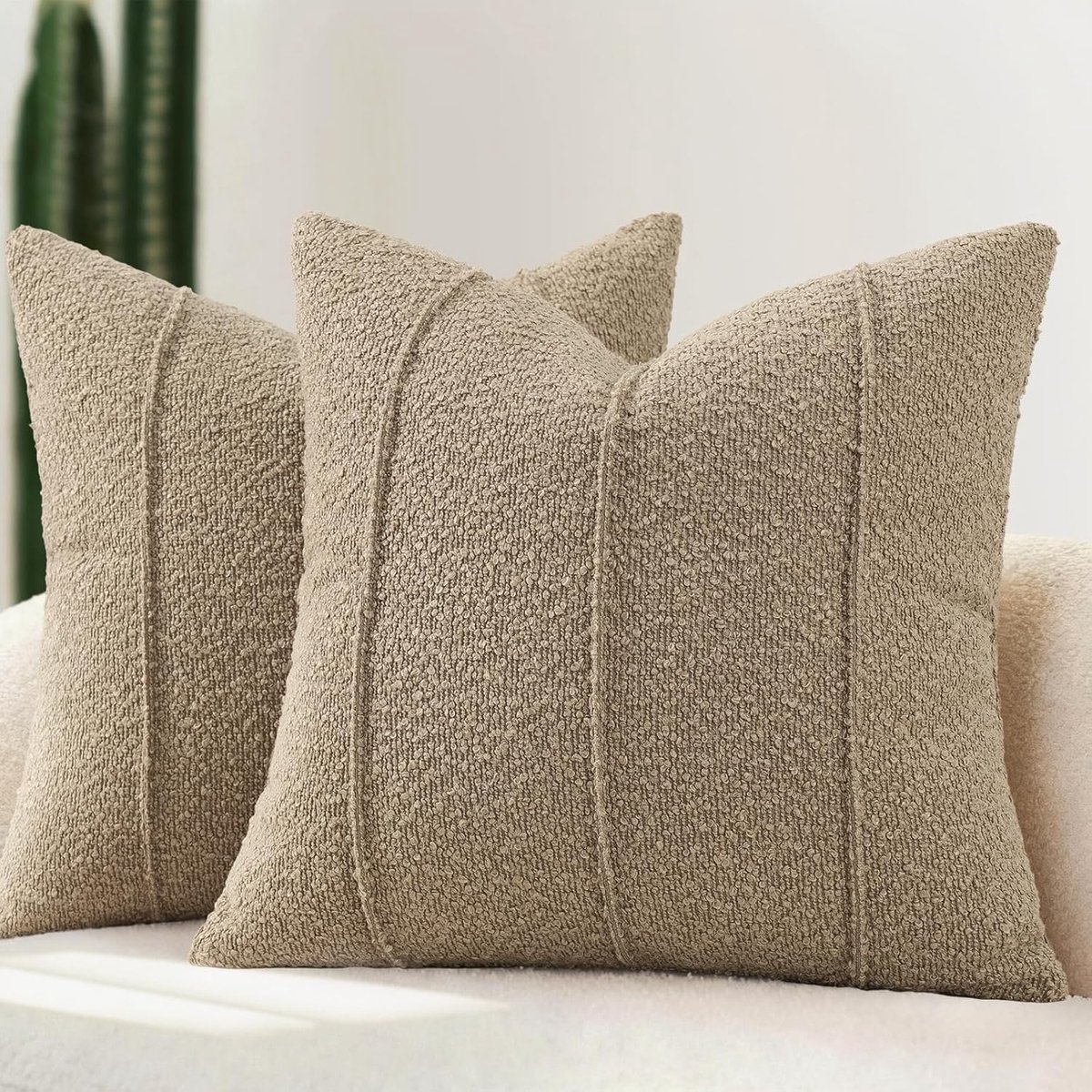 SnelShoppen - Bouclé Kussensloop Set van 2, 50 x 50 cm, Zacht en Modern met Strepen, Knuffelig Sierkussen voor Bank en Bed, Bruin Kussenslopen voor Wo