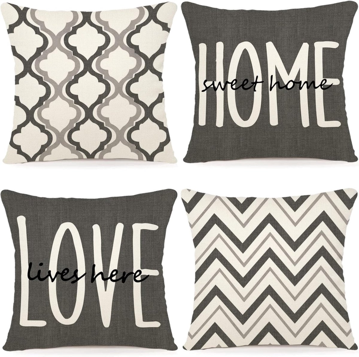 SnelShoppen - Set van 4 Kussenslopen 40 x 40 cm, Donkergrijs Linnen, Geometrisch Patroon, Kussenhoezen voor Bank, Slaapkamer, Outdoor, Decoratieve Kus