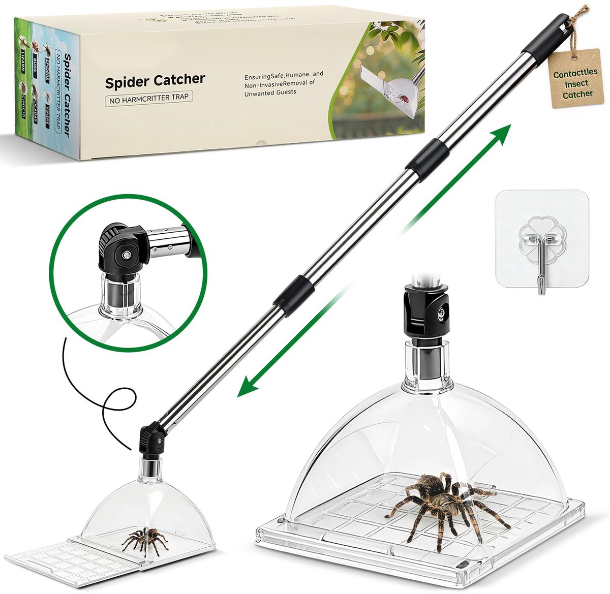 SnelShoppen - Spinnenvanger met Lange Steel, Telescopische Insectenvanger voor Spinnen en Kakkerlakken, Contactloze Grote Insecten Vangen, Ideaal voor