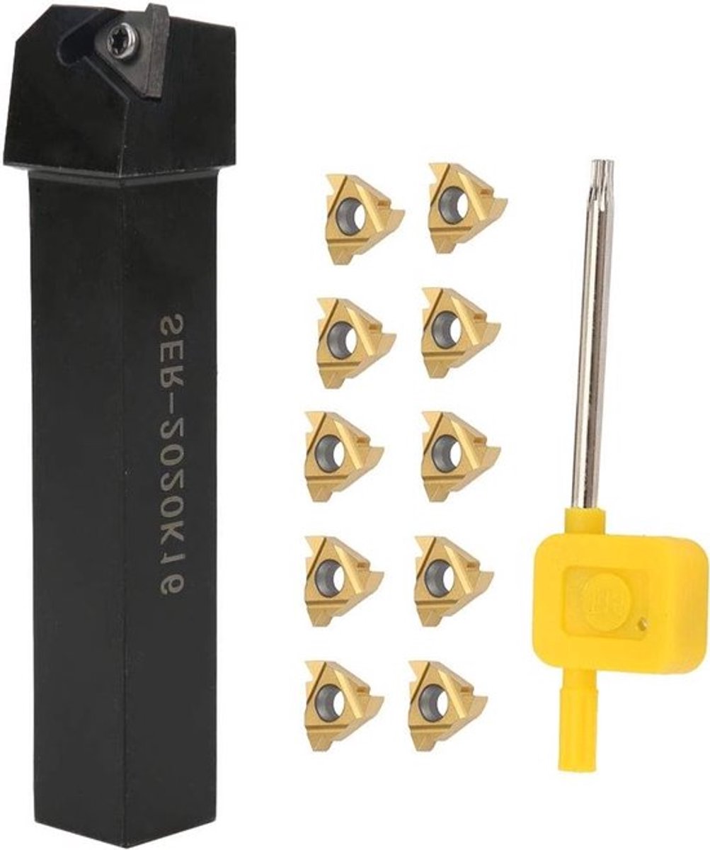 CNC Draaibank Gereedschap Set voor Draad Snijden en Boren, 10 Stuks 16ER AG60 Snij-inzet + SER2020K16 Draaibank Houder + 1 Stuk Sleutel voor Precisie Bewerking