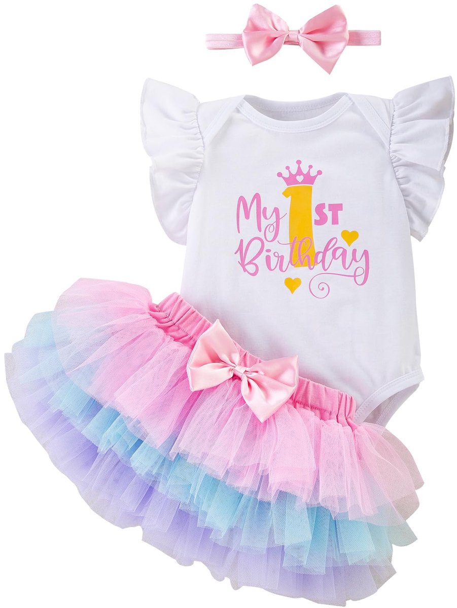 SnelShoppen - Baby Meisje Eerste Verjaardag Kleding Set 3 STKS Romper Tutu Rok Hoofdband Roze Kroon Cake Smash Outfit 12-18 maanden voor Fotoshoot en