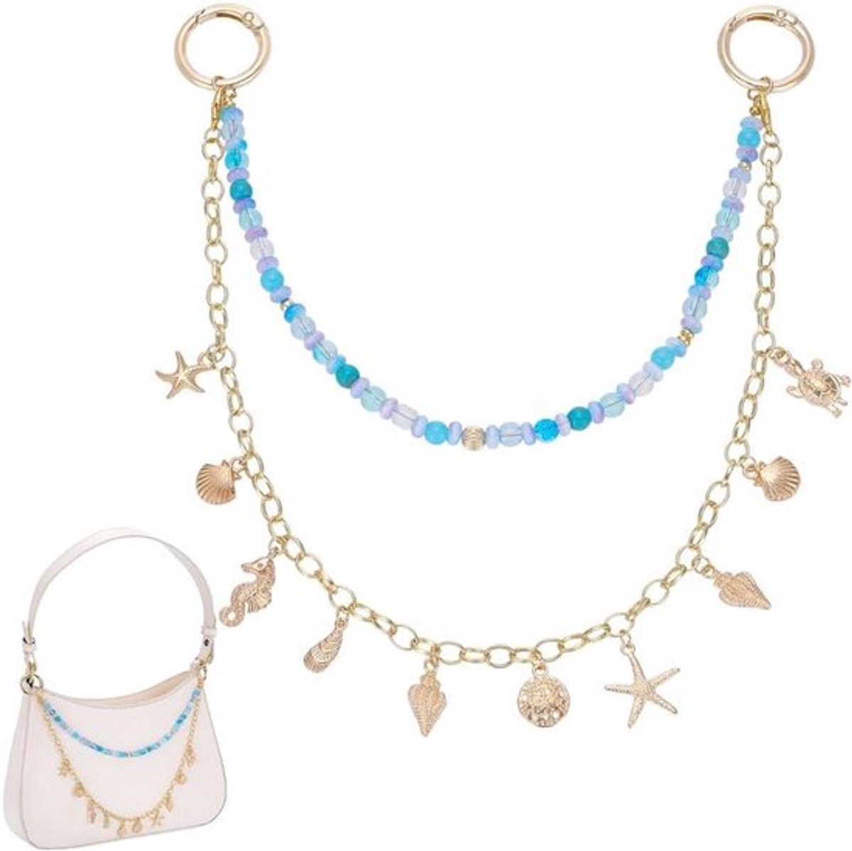 12 inch Oceaan Thema Portemonnee Ketting - Blauw Kralen - Gouden Shell - Zeester Decoratief - Handtassen Crossbody Schouder Tote Tassen