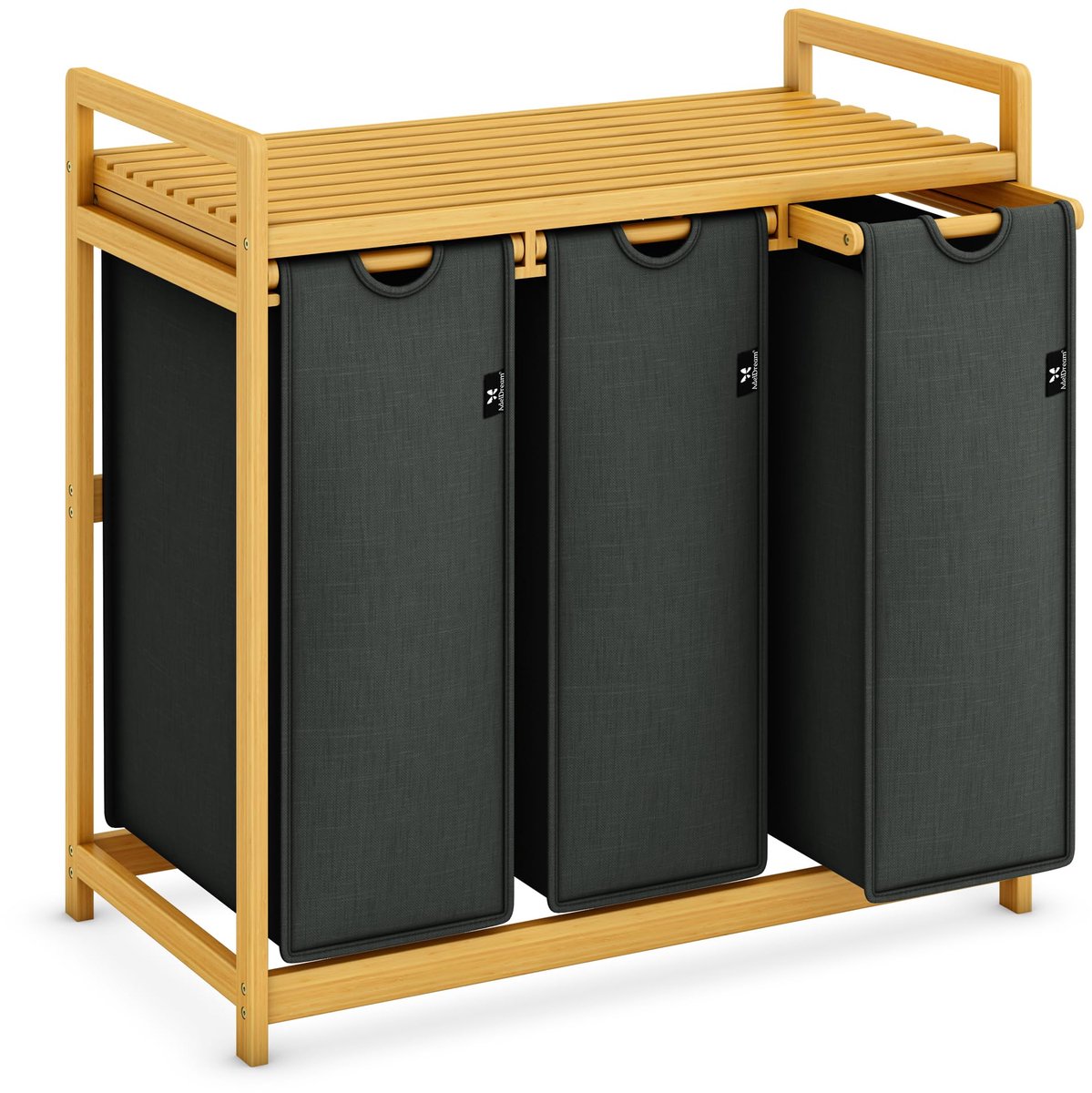 SnelShoppen - AdealDream Wasmand Bamboeframe 150 L, 3 Vakken, Bamboe Strikdesign, Grijs, Ideaal voor Wassen Sorteren, Kinderkamer en Huishouden