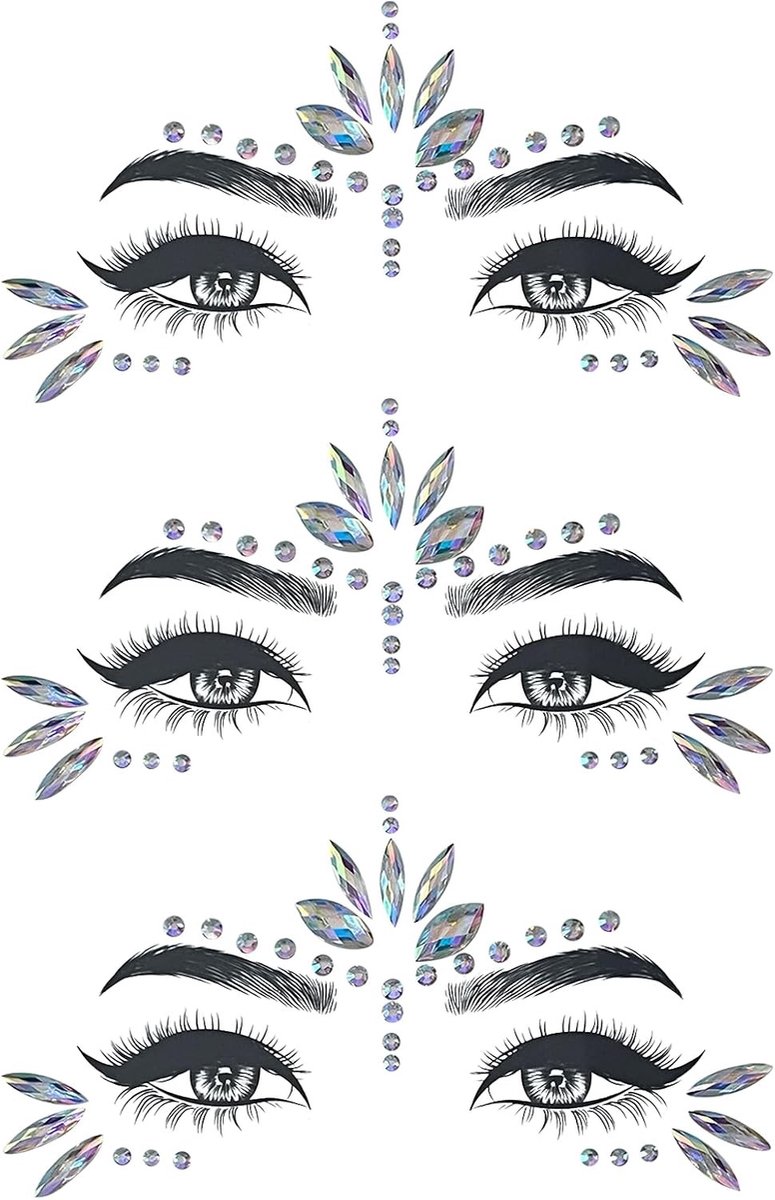 Set van 3 Glanzende Strass Steentjes voor Gezichtsjuwelen bij Feesten, Carnaval en Verjaardagen - Maak een Statement met Prachtige Make-up en Glittereffecten