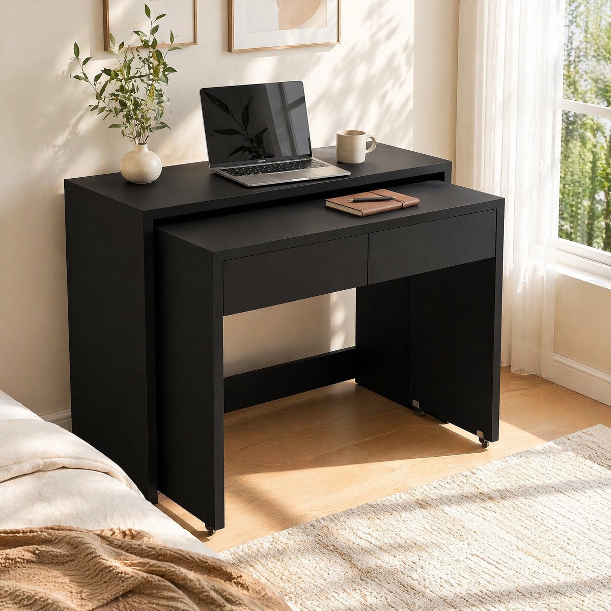 DESMIU Bureau - Uitschuifbaar 2-in-1 Ontwerp Met 2 Lades En Wieltjes - Voor Kleine Ruimtes En Thuiskantoor - Spaanplaat - 110x40x78 Cm - Zwart