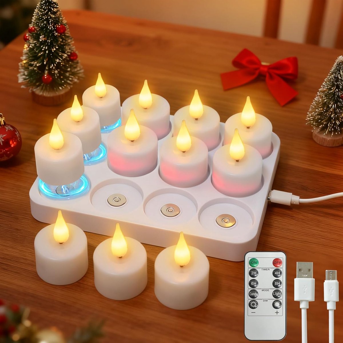SnelShoppen - 12 Stuks Oplaadbare Theelichtjes met Afstandsbediening en Timer, Elektrische LED Kaarsen met Flikkereffect, Warmwit voor Tafel, Kamer, H