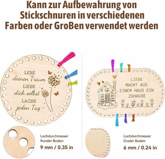 Houten mandbodems voor haken, set van 4 stuks, rond en ovaal met voorgeboorde gaten, perfect voor DIY manden en handtassen, opslagoplossingen en creatief knutselen — afbeelding 3