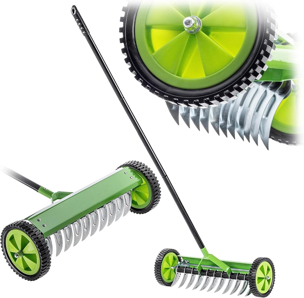 Gazonbeluchter met wielen - Tuinklauw cultivator - Gazon onderhoud - Handmatig verticuteerapparaat - 14 x 48 cm - Zwart