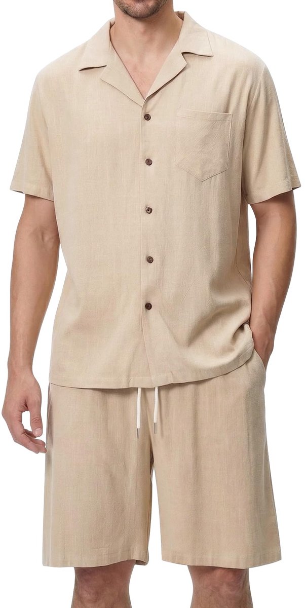 SnelShoppen - 2-delige zomerset heren - ademend, kreukvrij vrijetijdspak met overhemd en shorts - lichtkaki - perfect voor vakantie, strand en dagelij