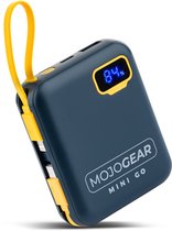 MOJOGEAR MINI GO 10.000 mAh Powerbank met ingebouwde kabels (USB-C en Lightning) - Tot 4 apparaten tegelijk opladen - Broekzakformaat - LED-display - Blauw