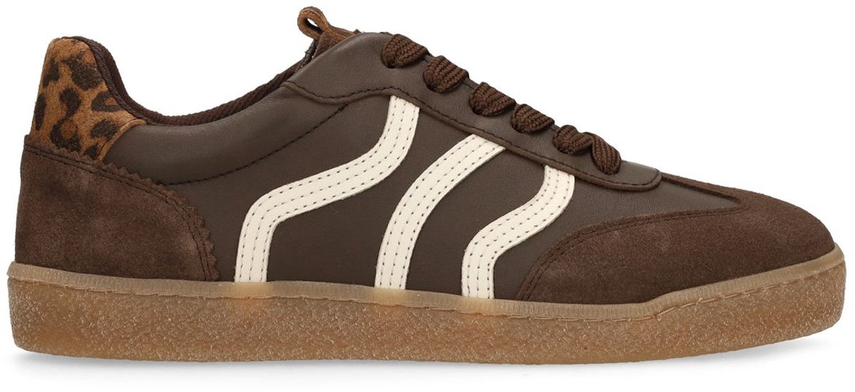 No Stress - Dames - Donkerbruine leren sneakers met suède details - Maat 39