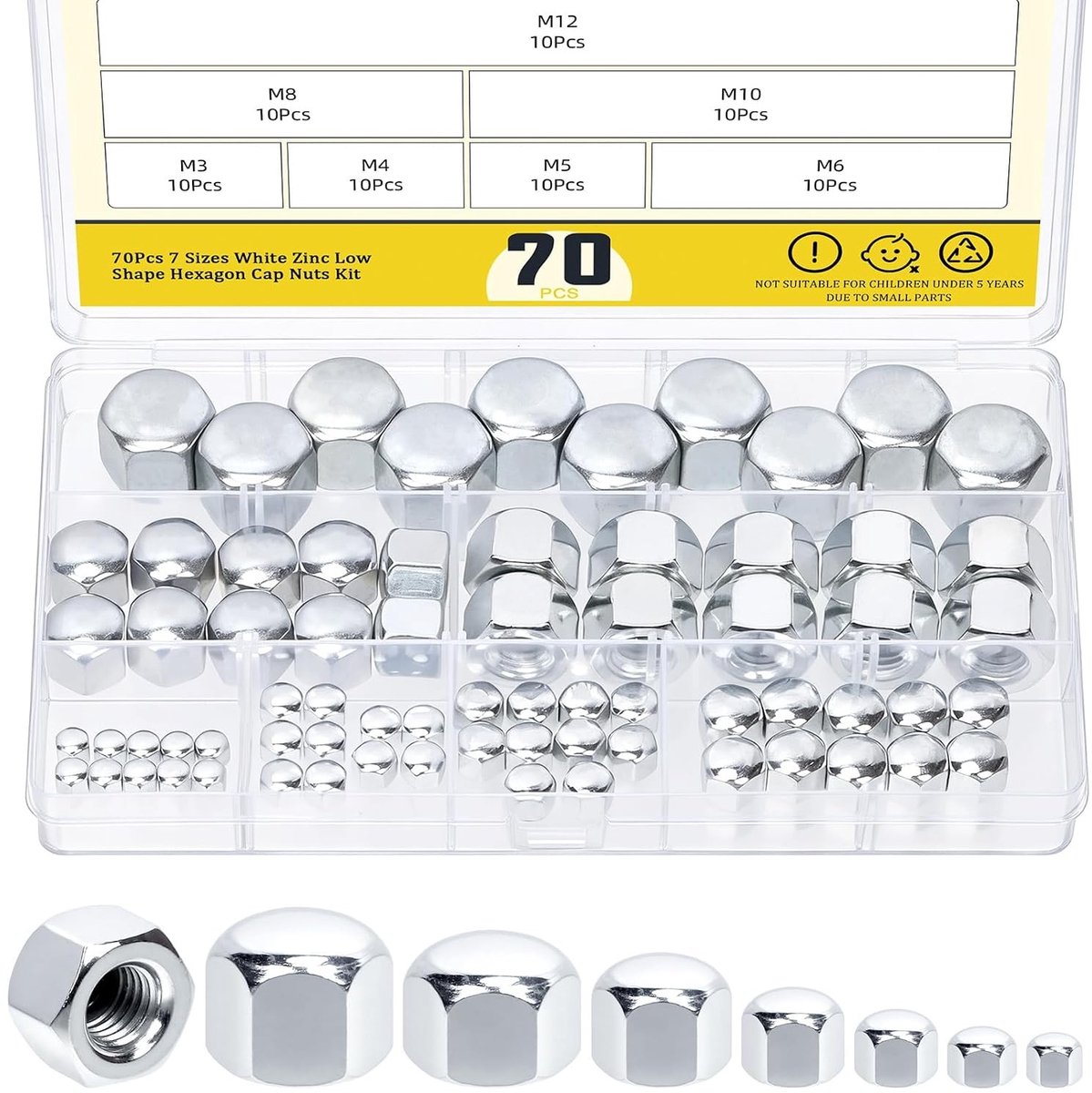 Zeskantmoeren set van 70 stuks in M3/M4/M5/M6/M8-M10/M12, verzinkt koolstofstaal voor meubels, automotive en scheepsbouw toepassingen