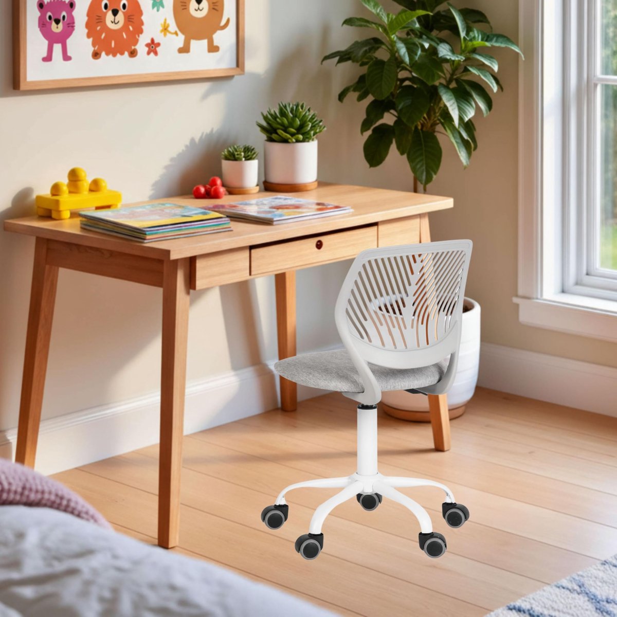 SnelShoppen - Kinderstoel Draaistoel in Hoogte Verstelbaar Ergonomisch met Rugleuning en Armleuningen, 5 Wielen, Kleurrijk voor Kinderen van 3-10 Jaar