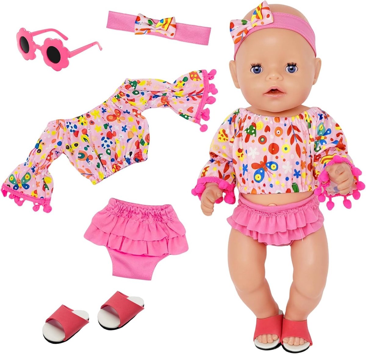 Roze badpak-poppenjurk set van 5 delen voor poppen, perfect voor zomerpret en speelplezier