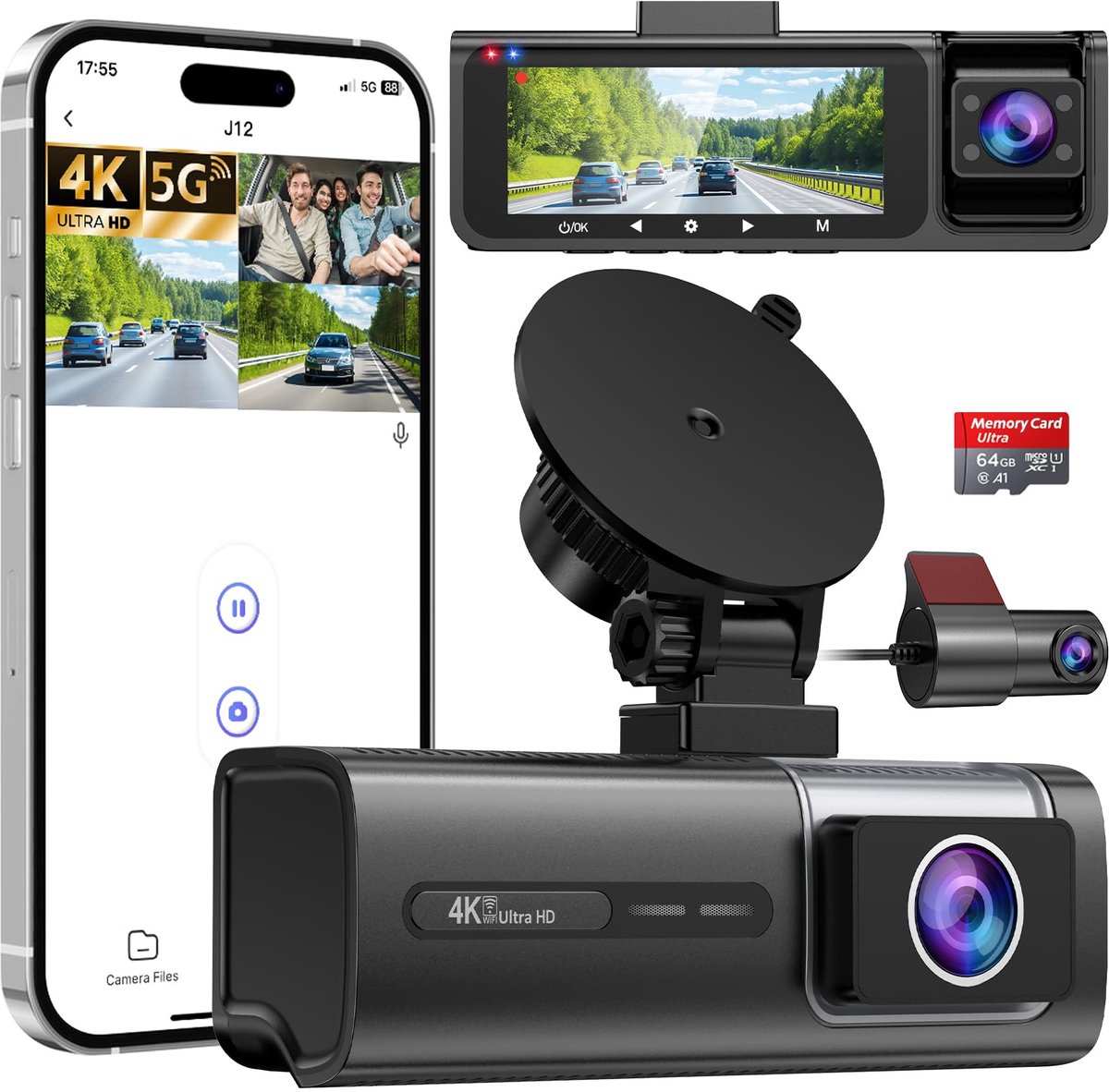 SnelShoppen - 4K Dashcam Voor en Achter, 3-Kanaals Auto Camera Met Nachtzicht, WDR, 5 GHz Wifi, 64 GB SD-kaart, 3,1 Inch IPS Scherm, G-sensor, Loopopn