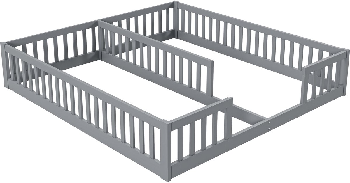 Kinderbed 90x200 cm grijs - Vloerbed met uitvalbeveiliging - Massief grenenhout en MDF - Laag kinderbed voor twee kinderen