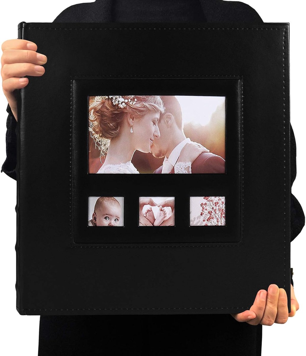SnelShoppen - Fotoalbums 6x4 inch met 600 zakken en 4 ramen - Zwart premium PU lederen cover - Bruiloft, Verjaardag, Baby, Fotoalbums