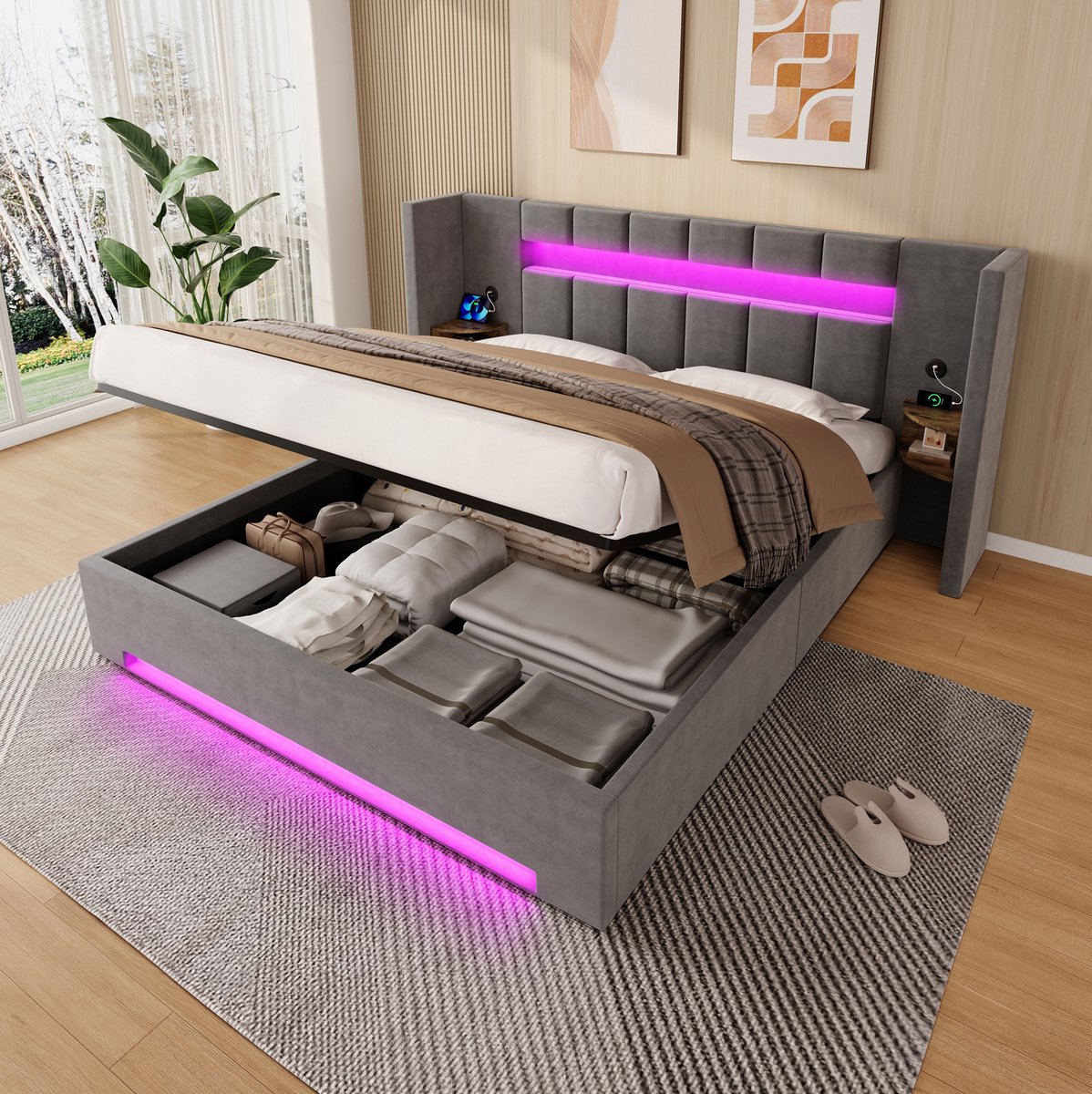DESMIU Bedframe 180x200 cm – Met Brede Hoofdbord, USB En LED-Verlichting – Hydraulische Opbergruimte Met Zijvakken – Grijs – Zonder matras