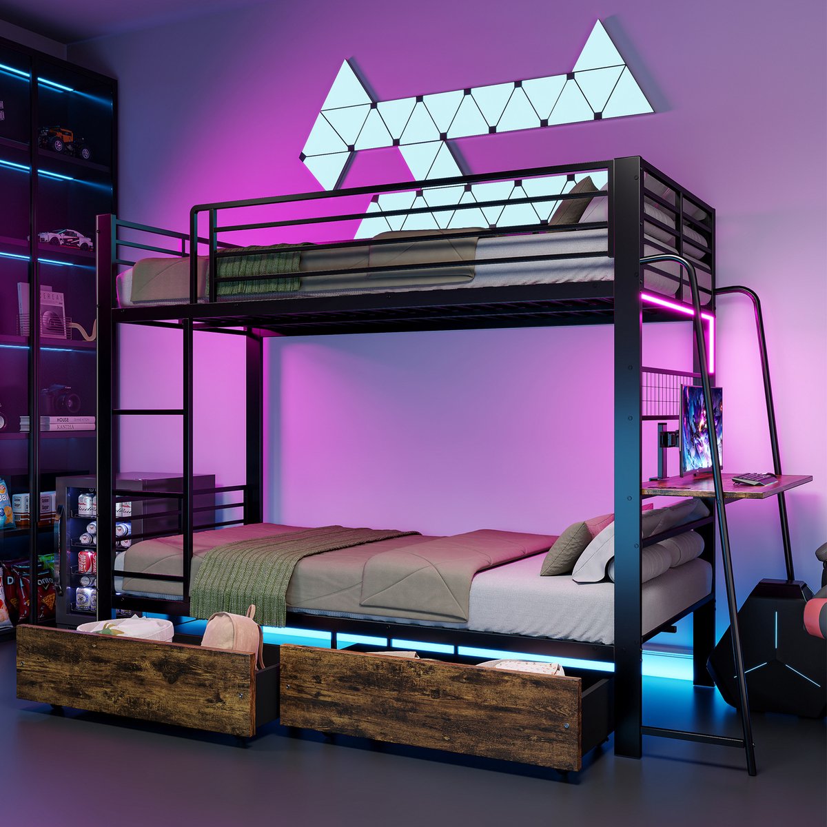 STILVORA Stapelbed 90x200 cm – Met Bureau En LED-Verlichting – Met Opberglades – Voor Slaapkamer Of Studio – Metaal En MDF – Zwart – Zonder Matras