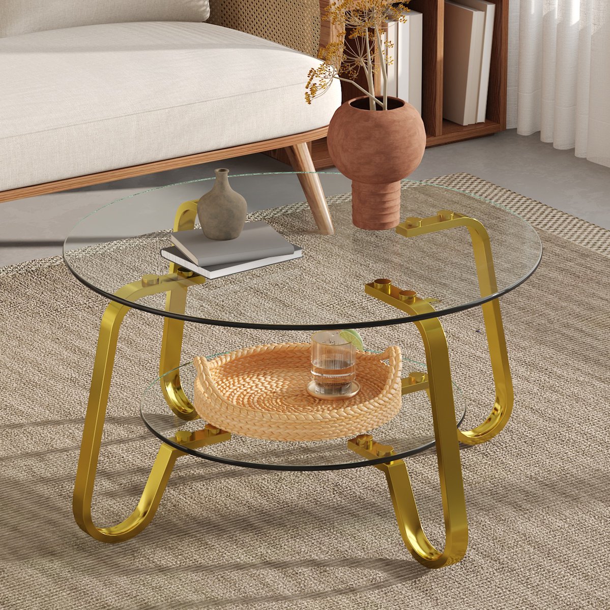 MODENUIT Salontafel - Dubbel Gehard Glas Met Onderblad - Voor Woonkamer - Metaal Goudkleurig - 80 x 45 cm