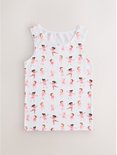 Wit hemdje met all-over print van dansende ballerina's in roze balletpakjes, met strikje en festonrand.