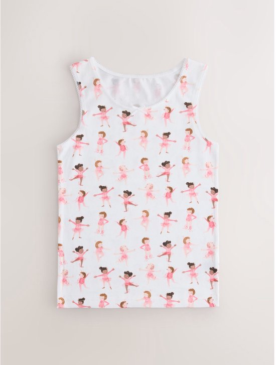 Wit hemdje met all-over print van dansende ballerina's in roze balletpakjes, met strikje en festonrand.