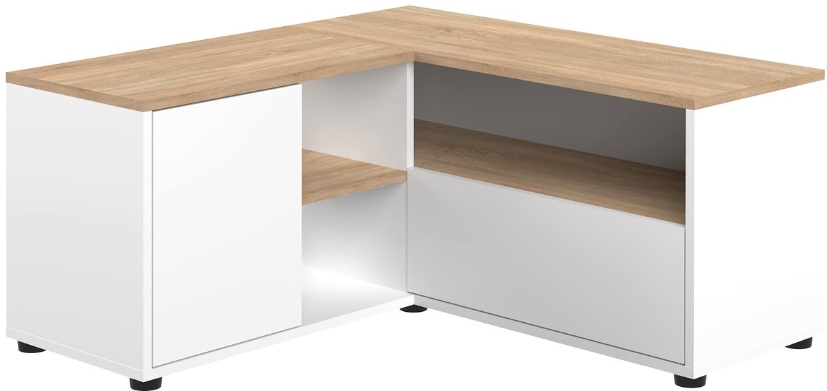 SnelShoppen - TV-meubel Hoek 90, Eik en Wit, 90 x 90 x 45 cm, Ruimtebesparend, Modern, Geschikt voor Woonkamer of Slaapkamer