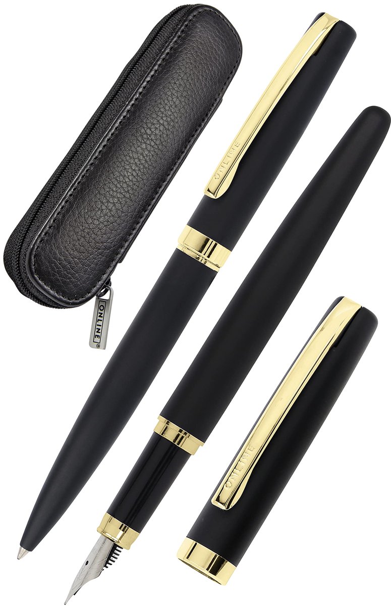 SnelShoppen - Online Schrijfset Eleganza 3-delig in Zwart en Goud - Balpen, Vulpen, Echt Lederen Etui - Hoogwaardige Geschenkdoos, Vulpen voor Standaa