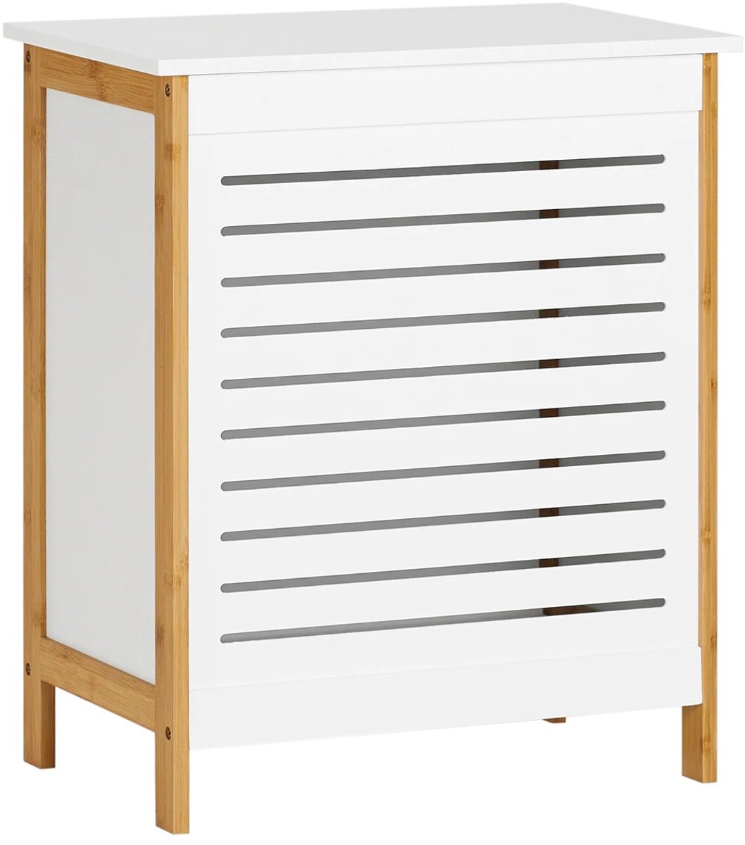 ITRONIQ Wasmand Met Deksel 90L - Bamboe Wasbox Met Uitneembare Waszak - Opbergmand Voor Wasgoed - Wit/Naturel 50x30x60 cm