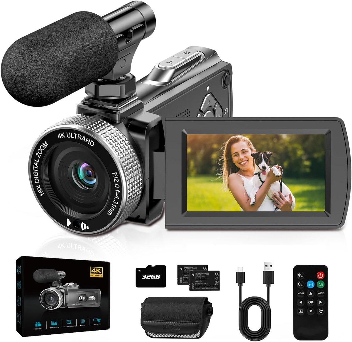 SnelShoppen - Video Camera 4K 30FPS Camcorder 48MP met 18X Digitale Zoom, 3.0'' 270° Rotatiescherm, Vlog Camera voor YouTube, Inclusief Microfoon, Afs