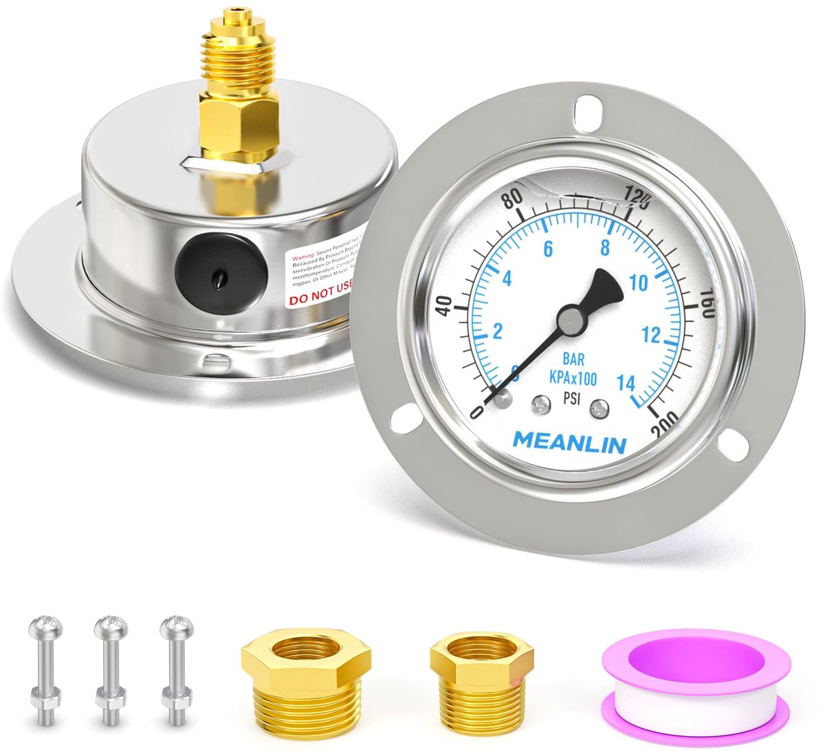 SnelShoppen - Vloeistof Gevulde Manometer 0~14BAR/0~200PSI met Roestvrij Stalen Behuizing en Front Flange Panel Mount, 1/4" BSP, 2.5" Face Dial, Nauwk