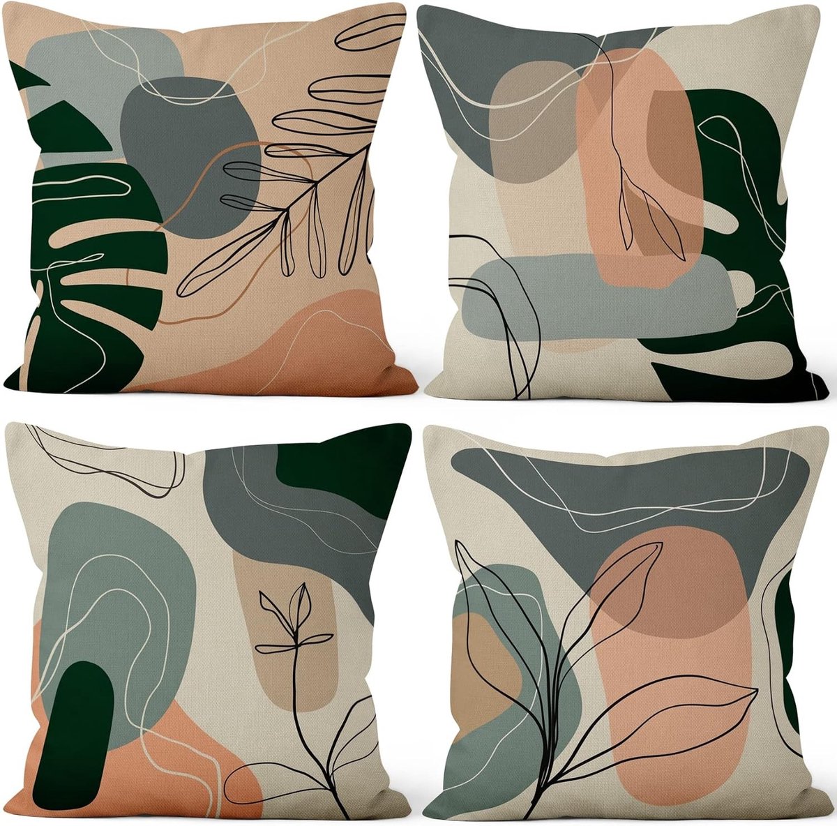 Boho Kussenhoezen 41 x 41 cm met Herfstbladeren en Geometrisch Design voor Woonkamer en Tuin - Set van 4 Decoratieve Linnen Kussens