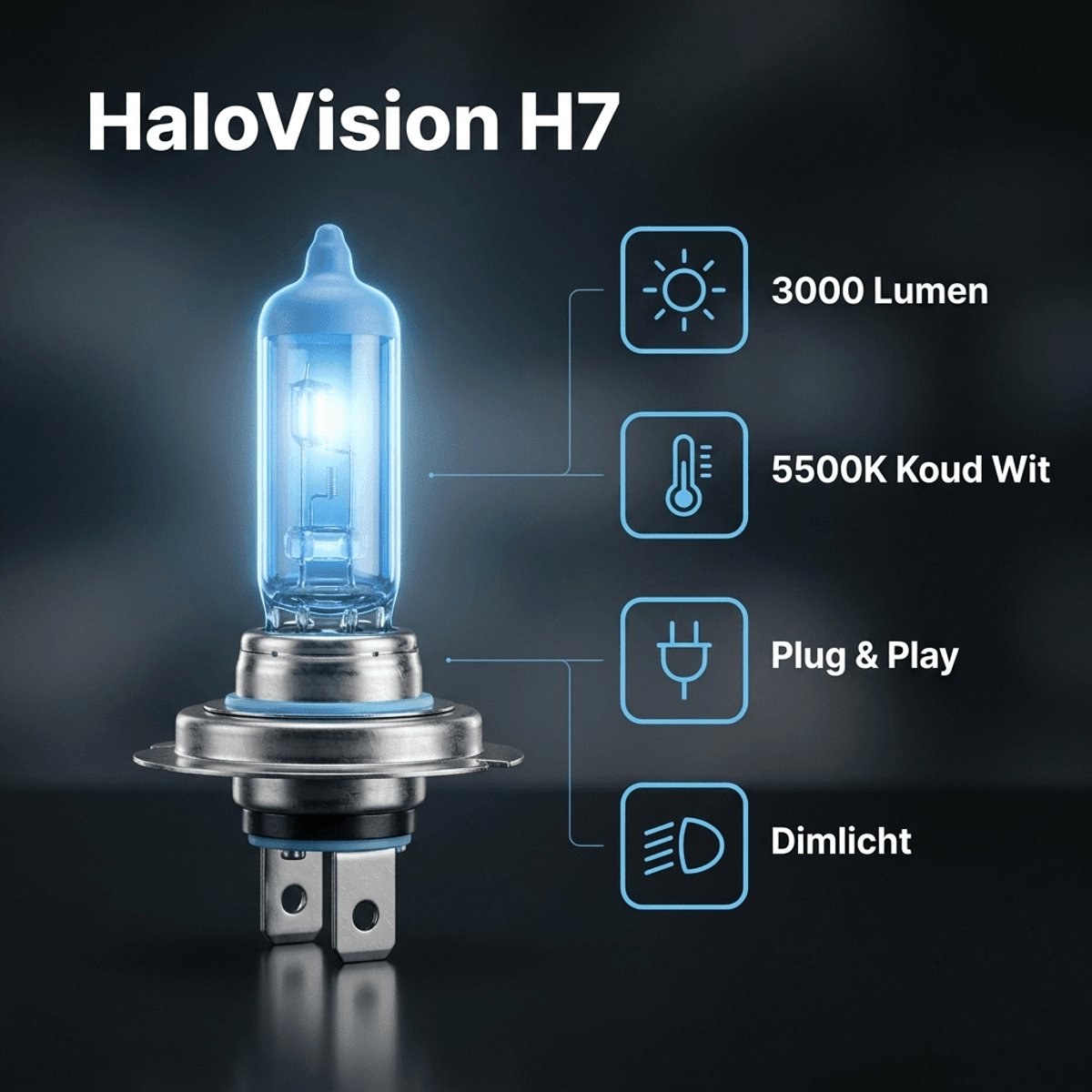 HaloVision Halogeen Koplampen H7 – 12V 3000Lm 5500K Koud Wit – Blauw Glas Super White Dimlicht Grootlicht Halogeenlampen Set van 2 Autolampen – foto 7
