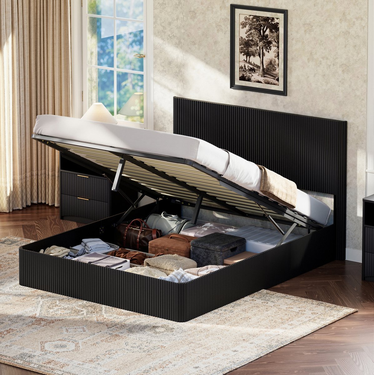 DESMIU Bed 160x200 cm – Hydraulisch Liftbed Met Grote Opbergruimte – Met Lattenbodem – Tweepersoonsbed Voor Slaapkamer – MDF En Metaal – Zwart – Zonder Matras