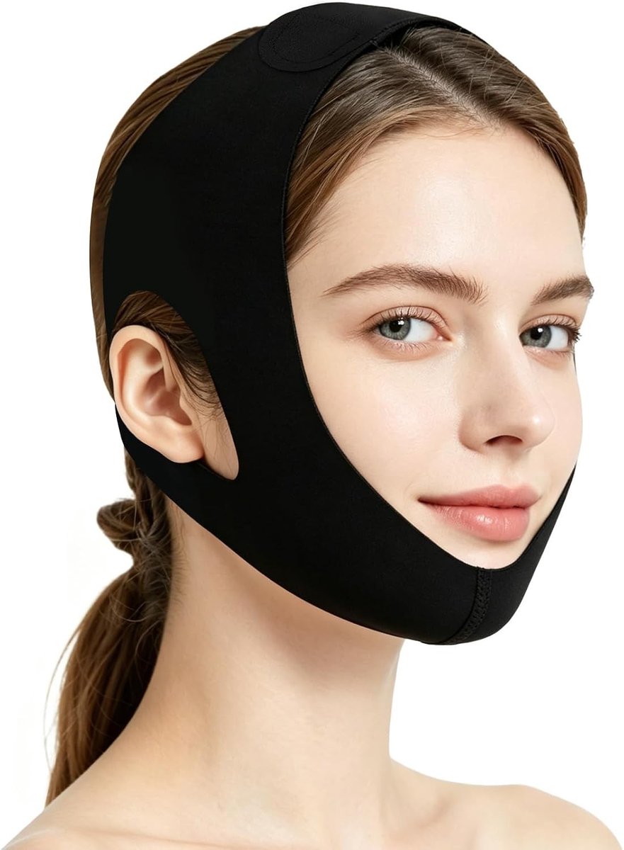Herbruikbaar V-Line liftmasker met kinbescherming, verstelbare anti-snurkband en 360° facelift voor een strakkere kaaklijn en dubbele kin-verkleining, zwart
