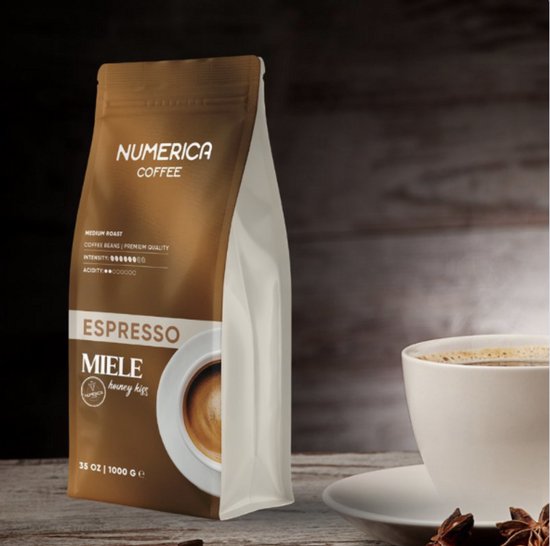 Bruine zak Numerica Coffee ESPRESSO MIELE, met "honey kiss" tekst. Medium roast, premium kwaliteit, 1000g.
