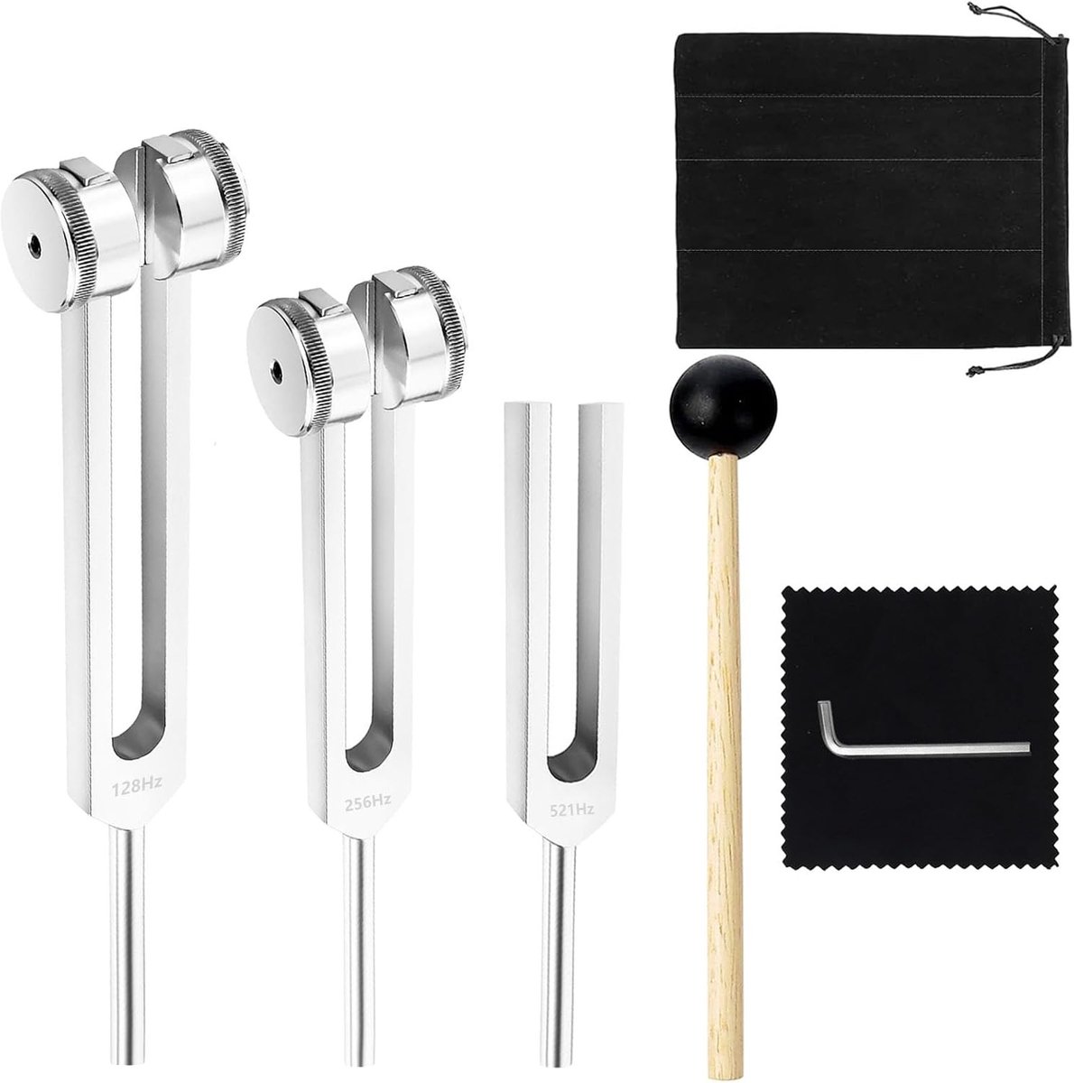 Set van 3 Stemming Vorken 128 Hz, 256 Hz, 512 Hz voor Geluidstherapie en Chakra Healing met Siliconen Hamer en Precisie Frequentierespons