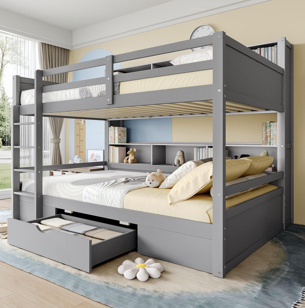 COVREO Stapelbed 90x200 cm – grijs MDF en hout, met lade, zonder matras