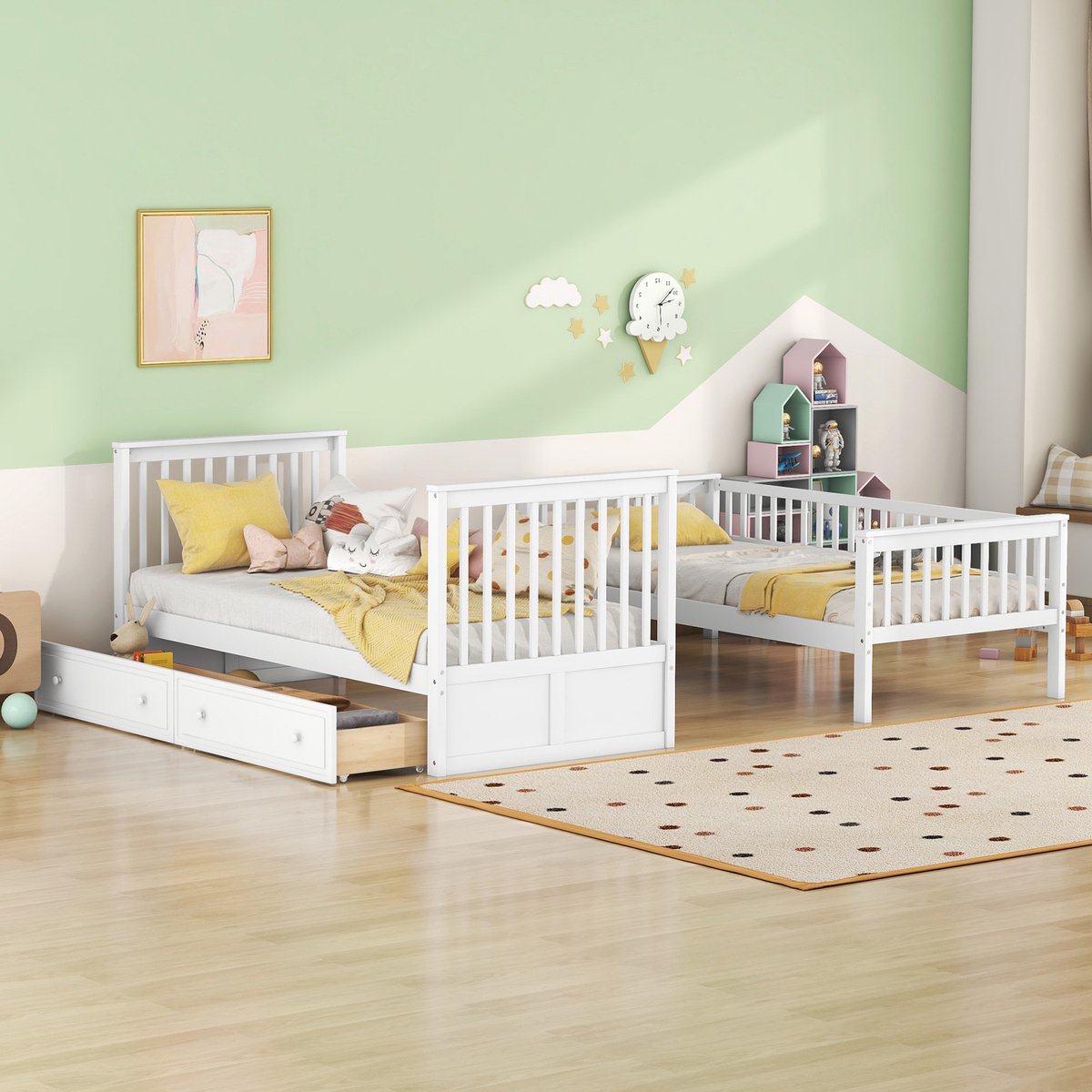 COVREO Stapelbed 90x200 cm wit, 2 lades, hout en MDF, zonder matras