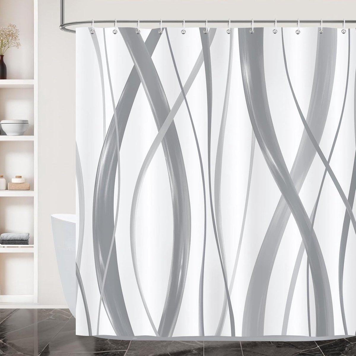 SnelShoppen - Douchegordijn Grijs en Zwart Gestreept, Modern Abstract, Schimmelwerend en Waterdicht, Polyester, Wasbaar, 180 x 180 cm, Inclusief 12 Ha
