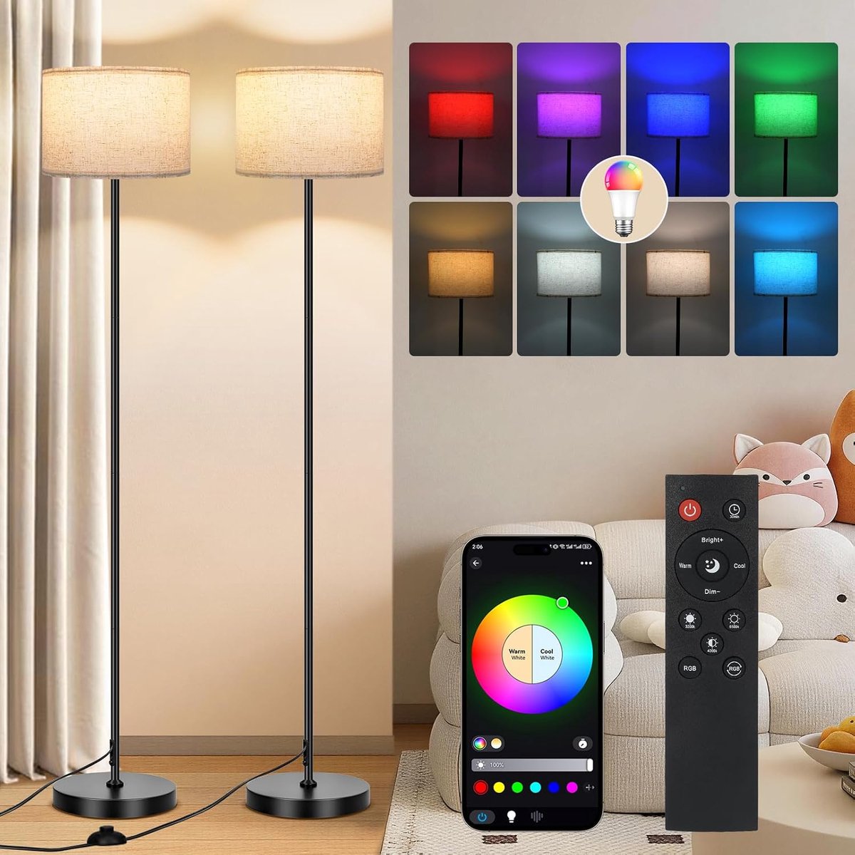 SnelShoppen - Dimbare RGB Smart Standleuchte met Fernbedienung - Zwarte Stehlampe voor Woonkamer, Bureau en Slaapkamer - Perfect voor Feesten en Relax