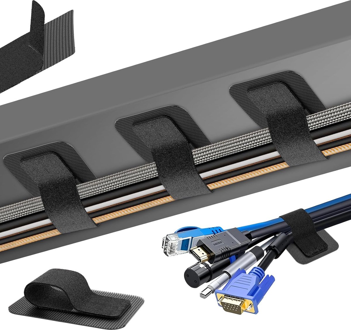 SnelShoppen - Kabelmanagement onder het bureau met 15 kabels, zelfklevende kabelhouder, verstelbare lange kabelbinders, herbruikbare kabelclip-verstop