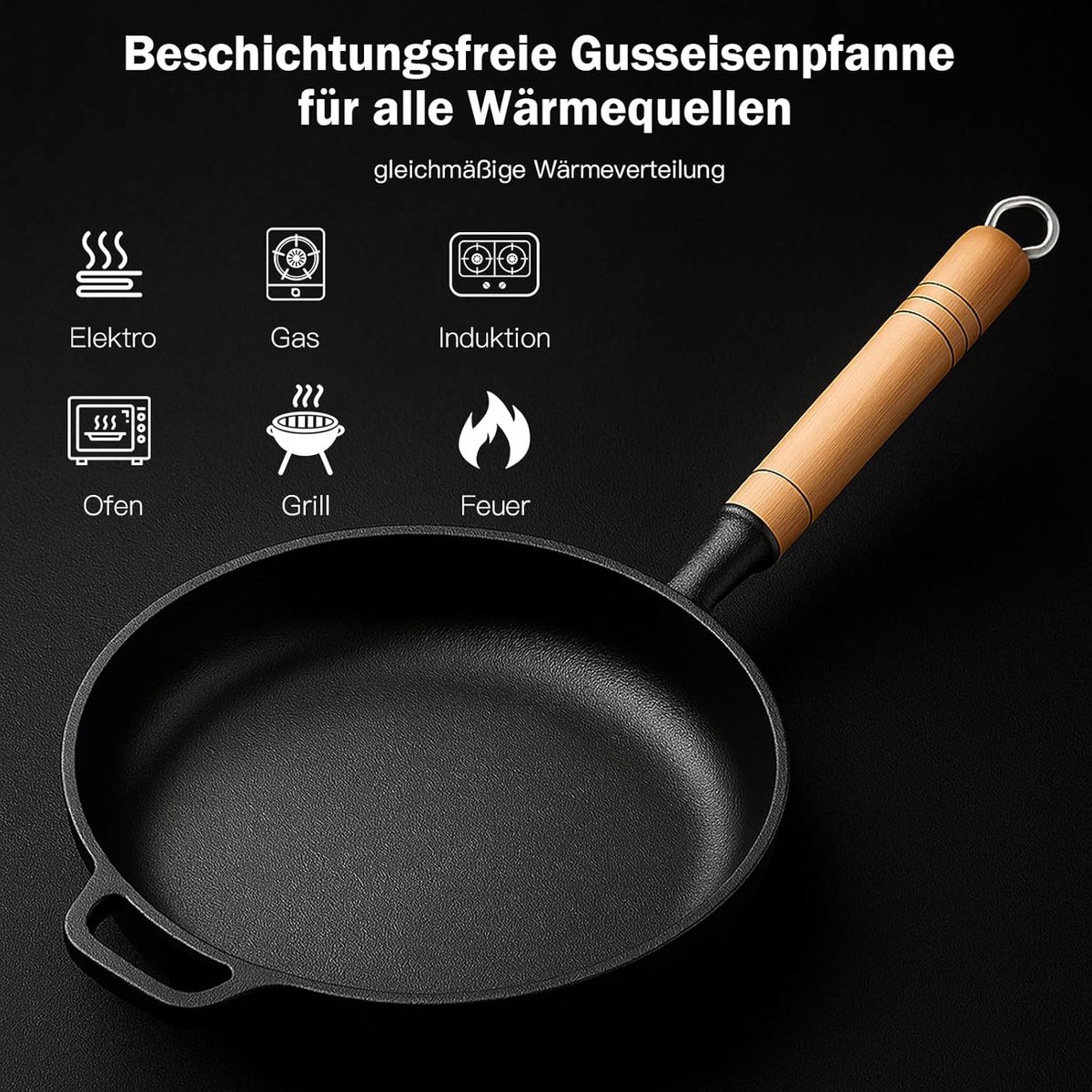 SnelShoppen - Gietijzeren Pan met Houten Handvat - Afneembaar - Coatingvrij - Geschikt voor Alle Warmtebronnen - 23-29 cm - Ronde IJzeren Pan - 23 cm