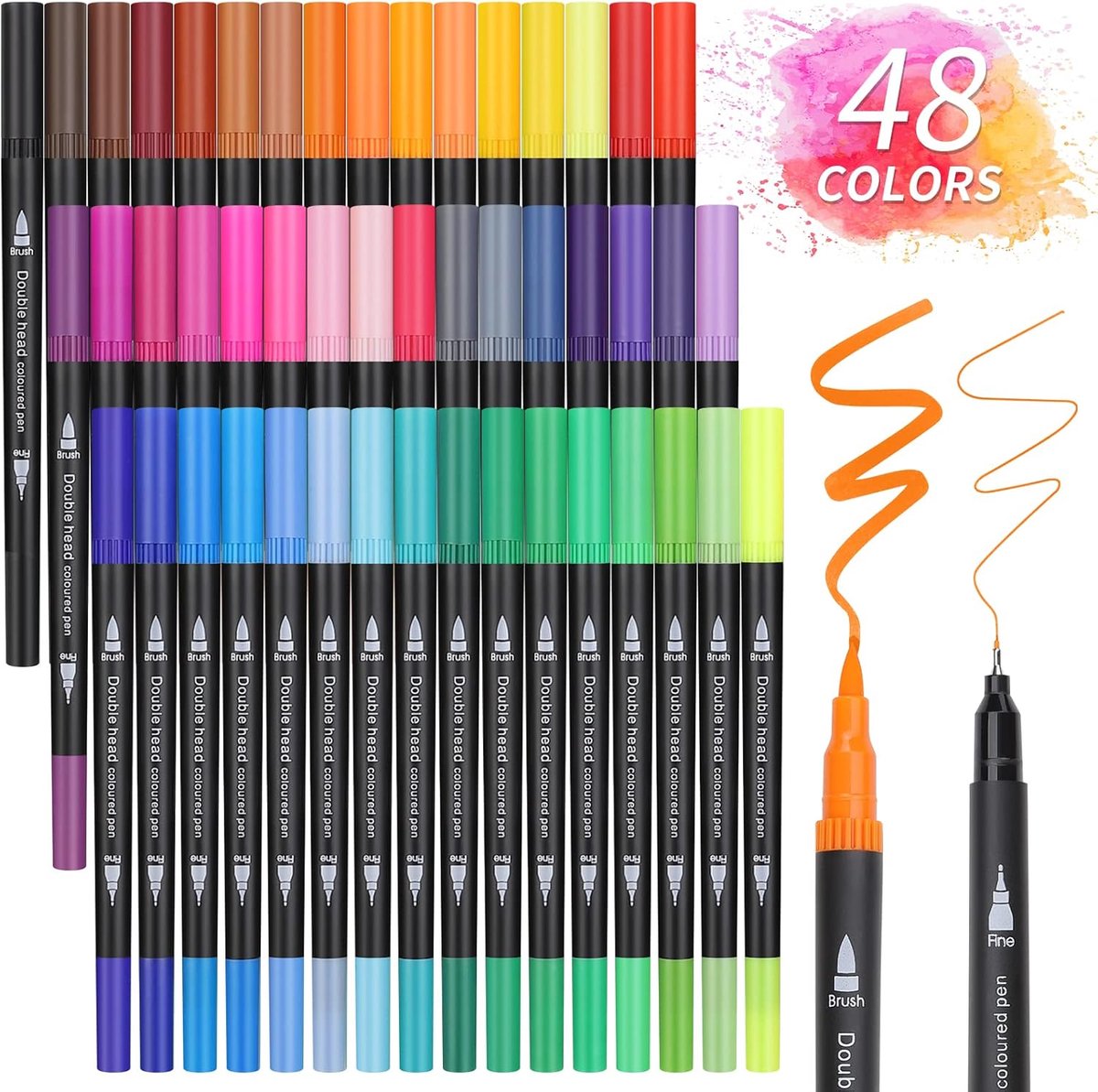SnelShoppen - Set Penseelstiften 48 Kleuren Dubbele Punt Aquarelmarker Viltstiften Dikke en Dunne Viltstiften voor Kinderen en Volwassenen Mandala-Vil