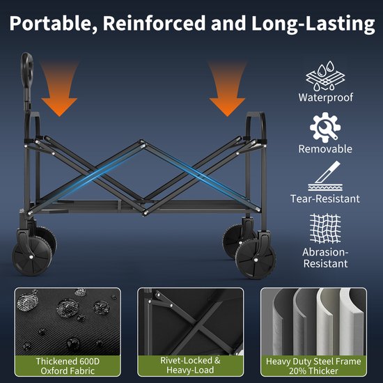 Opvouwbare Bolderkar - 220L Inhoud - Draagkracht tot 172 kg - Heavy Duty Transportkar met All-Terrain Wielen - Opvouwbare Tuinkar - rood van Opvouwbare Bolderkar — afbeelding 3