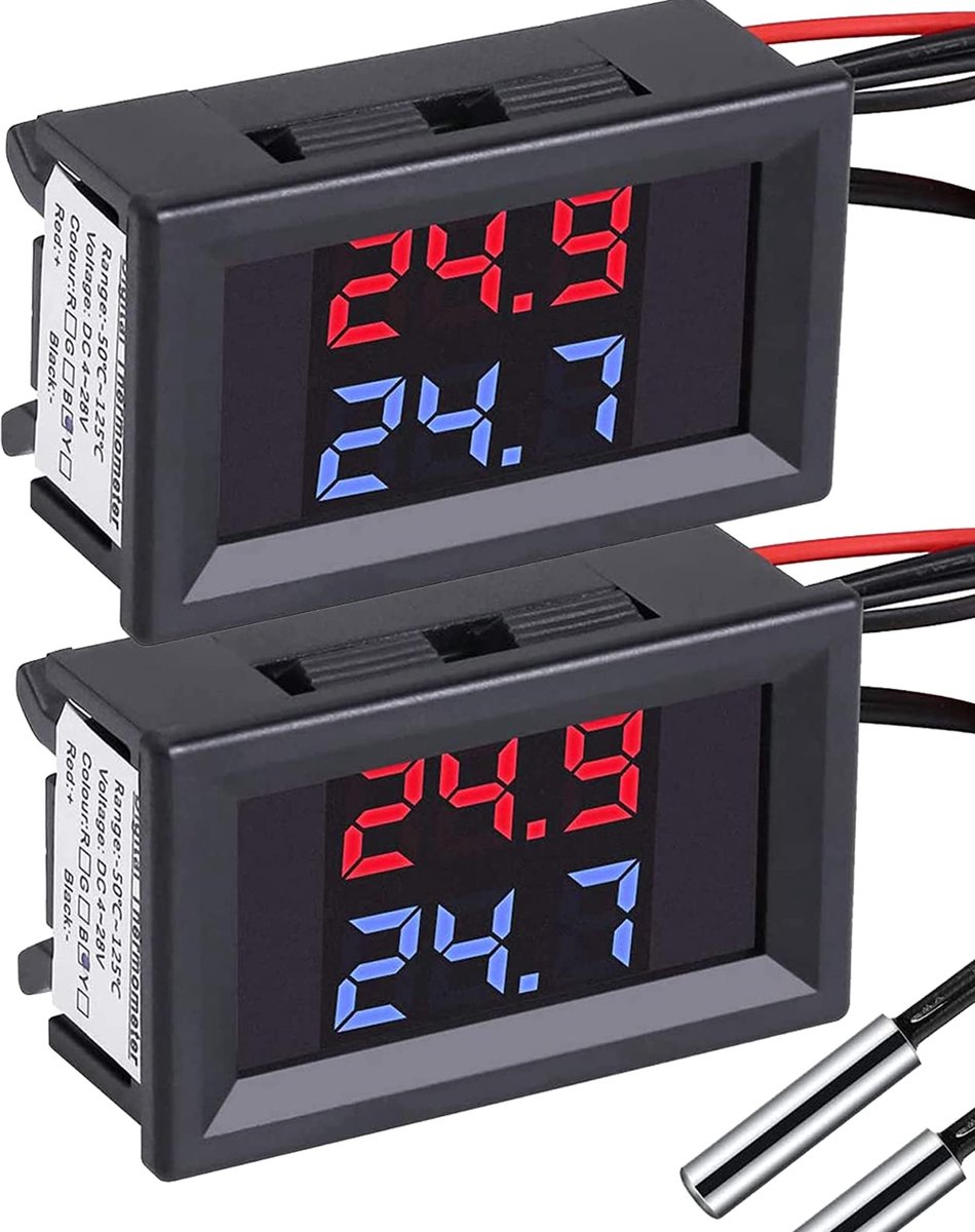 Thijox - 2-delige Digitale Thermometer Display met NTC Sensor - Rood + Blauw - Waterdichte Temperatuursensor voor -20 tot +100°C - Voor DC 4-28V