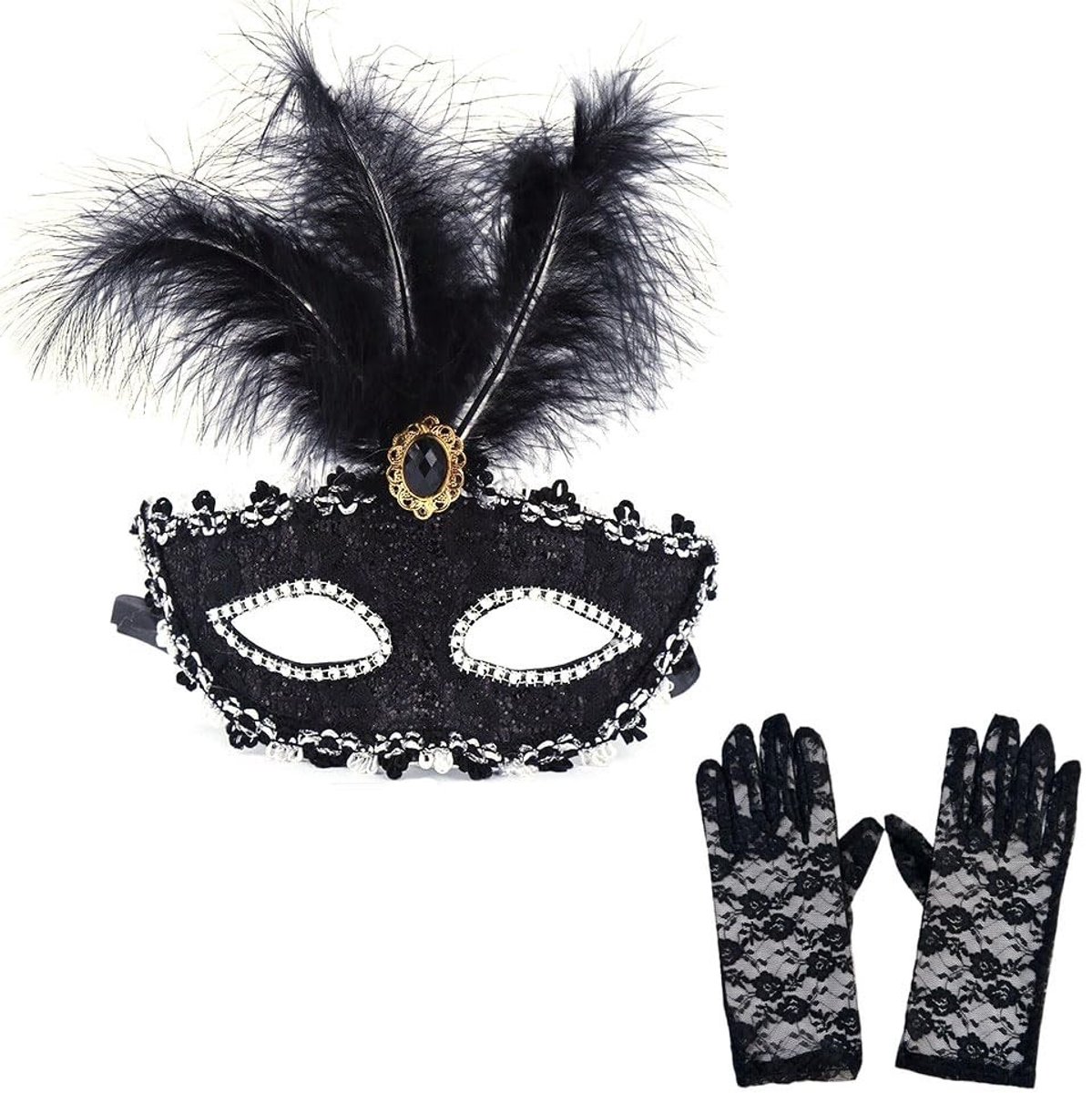 Dailygoods - Kanten Venetiaans Masker met Veren en Diamanten - Carnaval en Feest