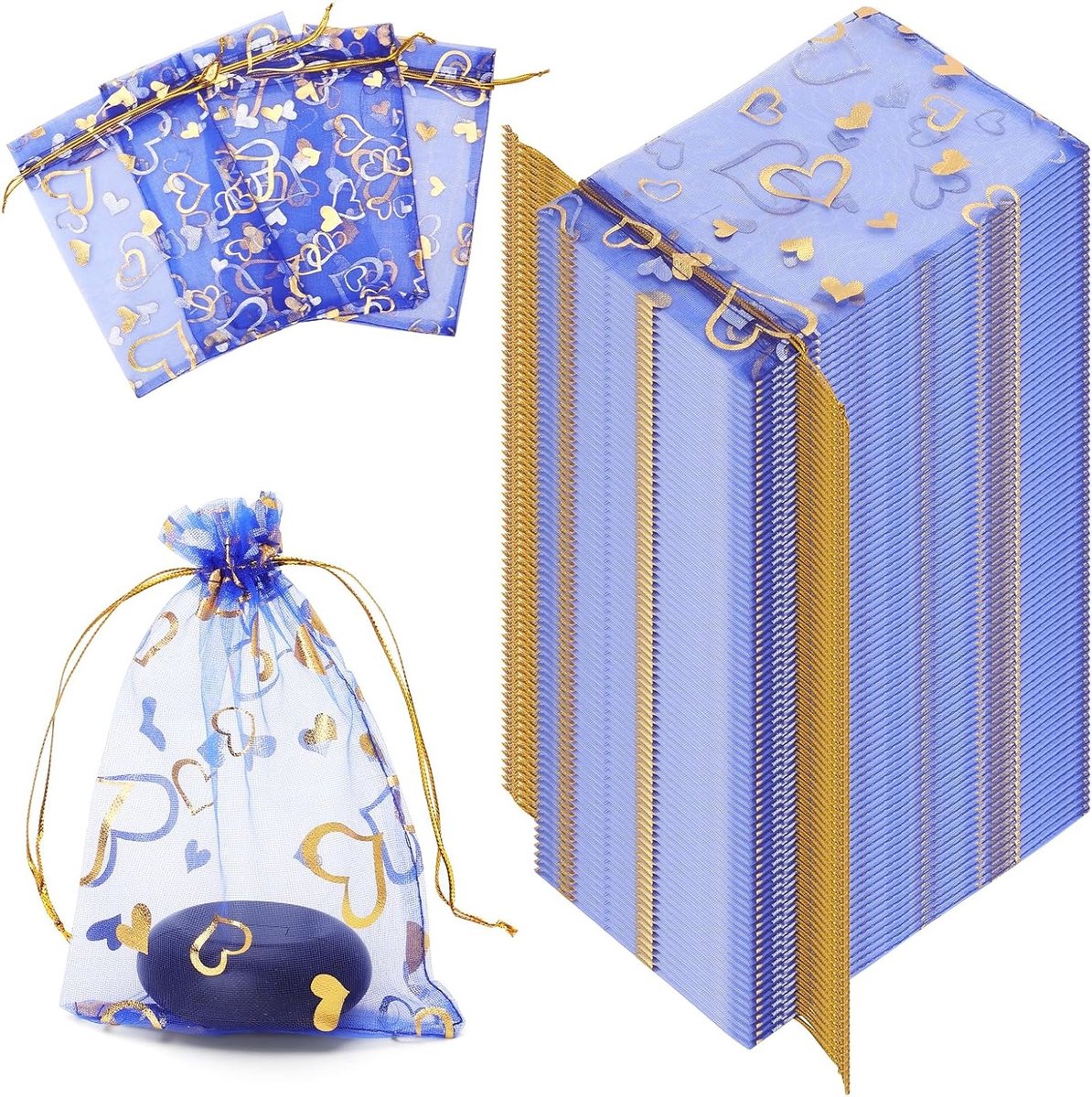 Set van 100 Organza Tassen met Blauw Hartpatroon voor Trouwen, Feestjes en Cadeaus - Decoratieve Zakjes voor Snoep en Sieraden