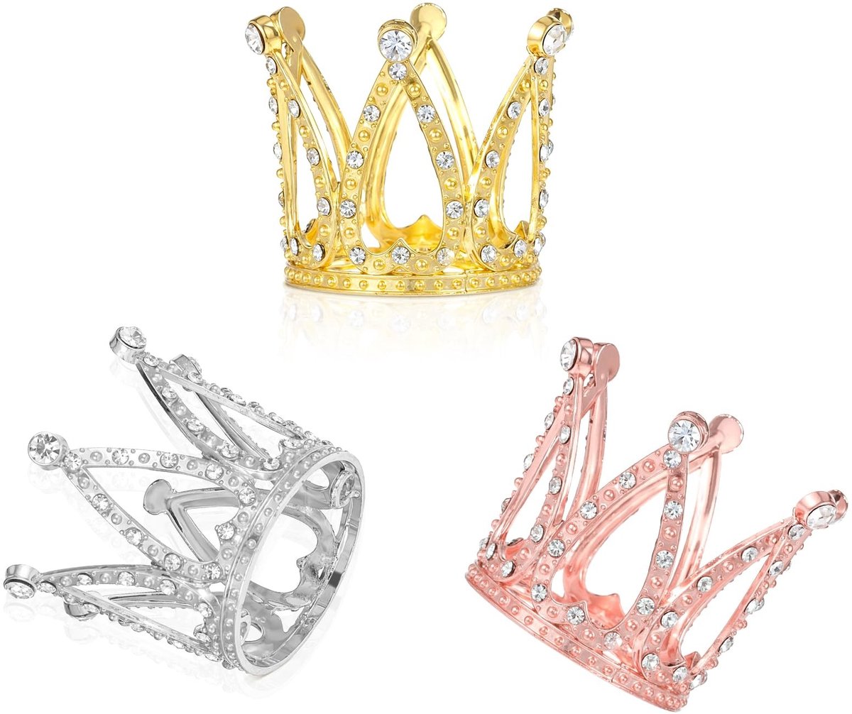 Dailygoods- Taarttoppers 3 Stuks - Gouden/Zilveren Kroon - Hartvormige Diamant - Taartdecoratie - Bruiloft/Verjaardag - 4,5 cm hoog